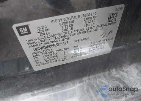 2015 Chevrolet Silverado 1500 2Lt from USA, damaged, VIN 1GCVKREC0FZ371428